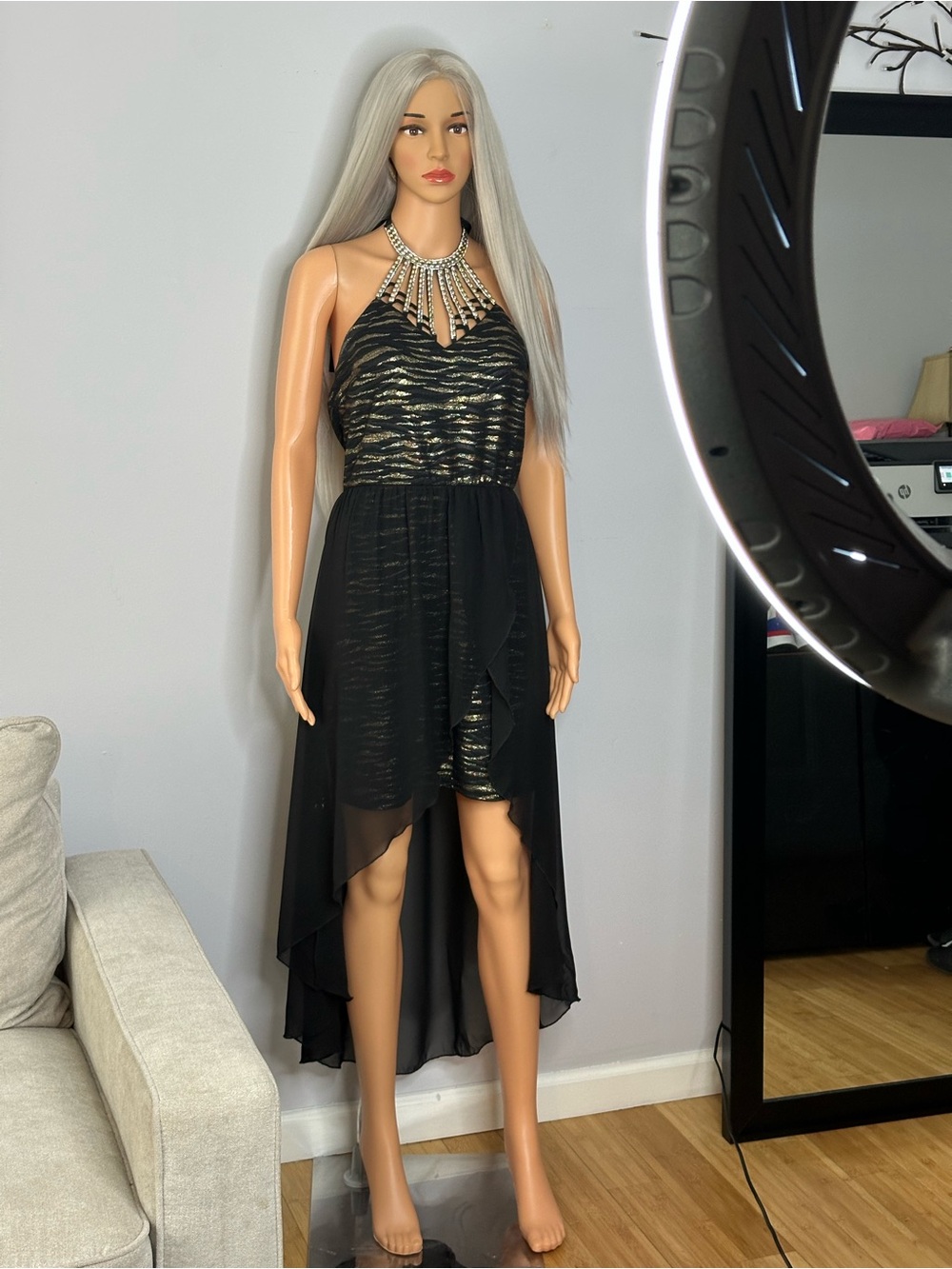 Amy Byer Sz M Black and Gold High-Low Cocktail Dress